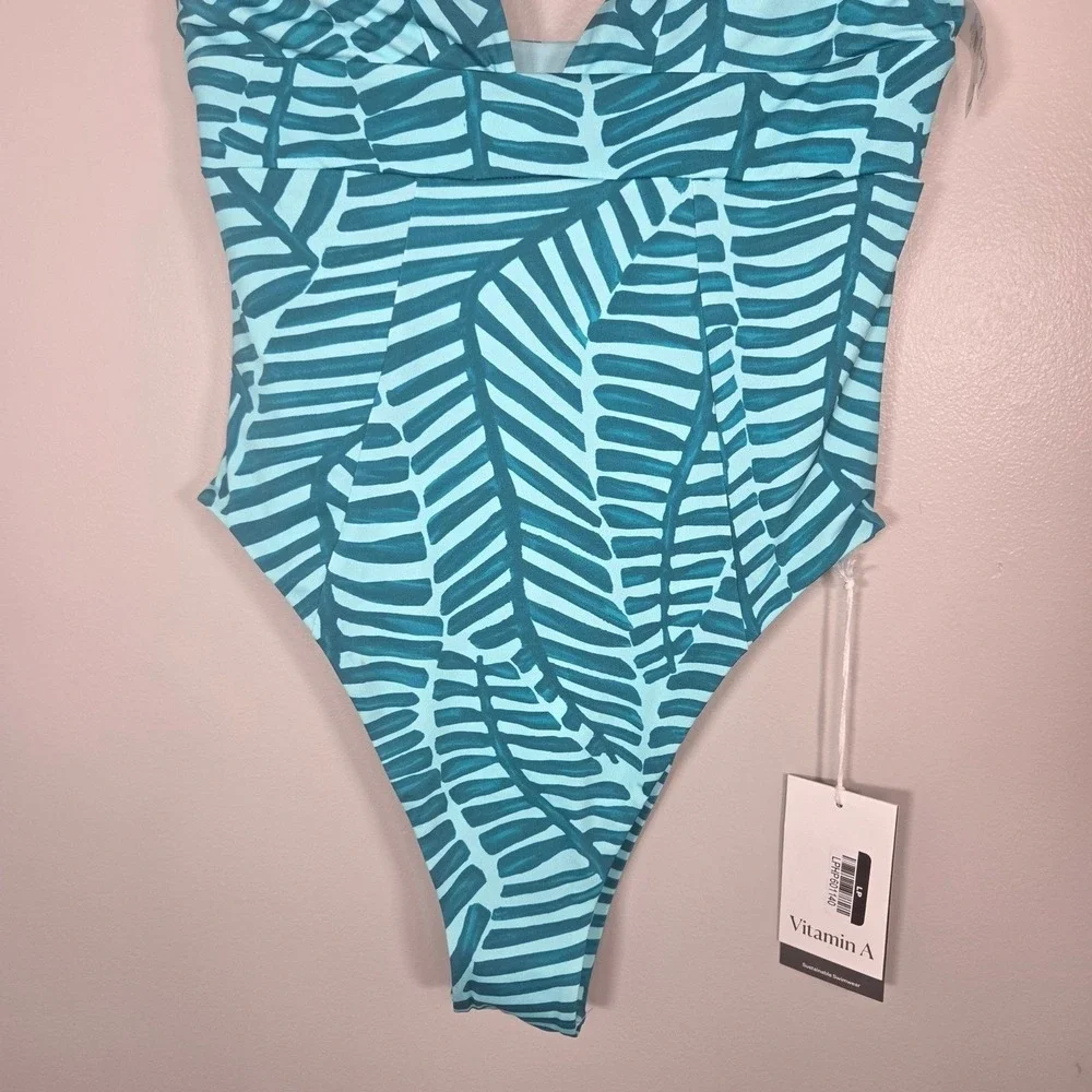 NWT Vitamin A Plunge One Piece Swimsuit Women's M Aqua Tropical High Cut